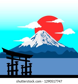 Vector illustration of Mount Fuji against red sun. Symbol of Japan. 