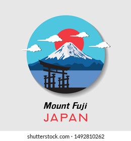 Vector illustration of Mount Fuji, Japan in a circular shape. 3D web button.