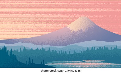 Vector Illustration With Mount Fuji, Sunset, Japanese Landscape