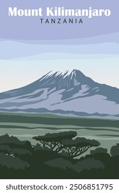 Ilustración vectorial del Monte Kilimanjaro, Tanzania. Póster de viaje de diseño plano simple y minimalista