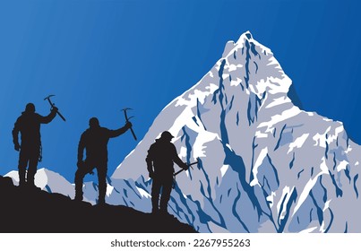 ilustración vectorial del monte Machapuchare o Machhapuchare y silueta negra de tres escaladores con hacha de hielo en mano, Cordillera Annapurna, montañas Nepal Himalaya