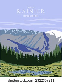 Ilustración vectorial Parque Nacional Mount Rainier Washington, EE.UU. Diseño para afiches, carteles, postales. Cartel de viaje. Estados Unidos.