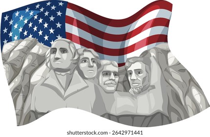Vector illustration of Mount Rushmore with a waving American flag. Features a stylized, modern design with bold colors and clean lines