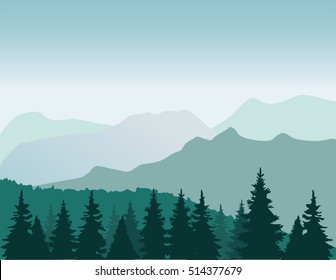 ilustración vectorial del fondo de montaña con abetos