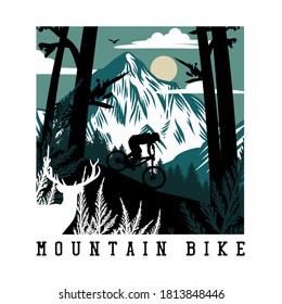vector illustration mountain bike with mountain area scenery and man riding mountain bike flat illustration