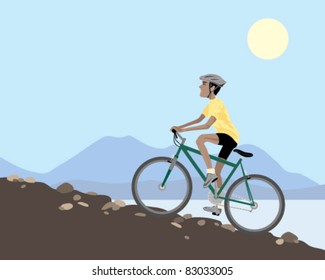 vector illustration of a mountain biker riding up a rocky slope in india with a backdrop of a lake  and mountains under a clear blue sky in eps 8 format