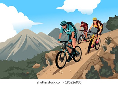 A vector illustration of mountain bikers in the mountain