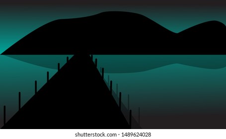 Vector illustration of a mountain and bridge silhouette at night