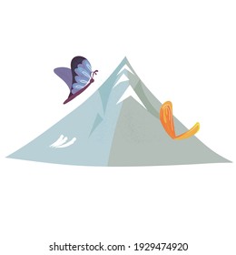 Vector Illustration of a Mountain and Butterflies. Vector image isolated on a white background. 
