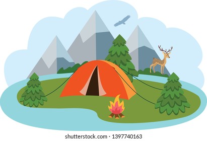 Vector illustration of mountain camp location for travel, tourism or camping.