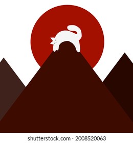 Vector illustration mountain with cat and sun icon in flat style.