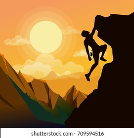 Vector illustration of mountain climbing man on the rocks on sunset background. Motivation concept.