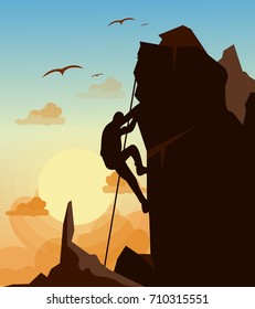 Vector illustration of mountain climbing man on the mountains rock on sunset sky with birds background in flat style. Motivation concept.