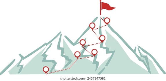 A vector illustration of a mountain climbing trail, a progress route with a red flag at the top of the mountain, and icons placed at points.