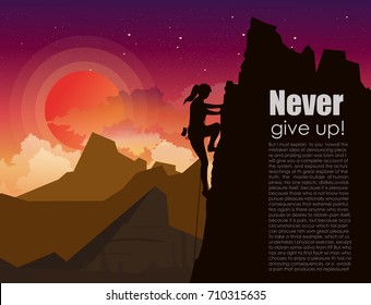 Vector illustration of mountain climbing woman on the mountains rock on sunset sky with stars and clouds background in flat style. Motivation concept in flat style with place for text.