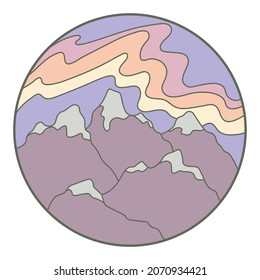 Vector illustration of mountain. Colorful hand drawn outline icon in circle frame. For print, web, design, decor, logo.