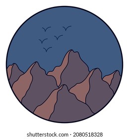 Vector illustration of mountain. Colorful hand drawn outline icon in circle frame. For print, web, design, decor, logo.