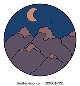 Vector illustration of mountain. Colorful hand drawn outline icon in circle frame. For print, web, design, decor, logo.