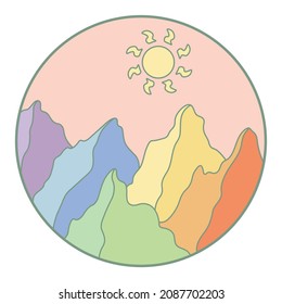 Vector illustration of mountain. Colorful hand drawn outline icon in circle frame. For print, web, design, decor, logo.
