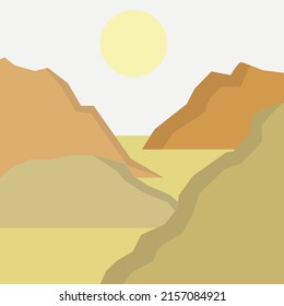 Vector illustration of mountain desert landscape with sun. cartoon wall decor, poster, card, brochure, flyer and other.