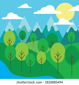 Vector illustration. Mountain, field and forest landscape.