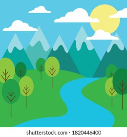 Vector illustration. Mountain, field and forest landscape.