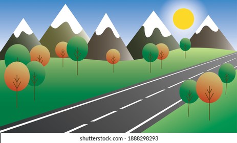 Vektorgrafik. Berg, Feld, See mit Bäumen und Straße Landschaft.