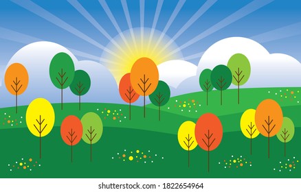 Vector illustration. Mountain, field, trees and forest landscape.