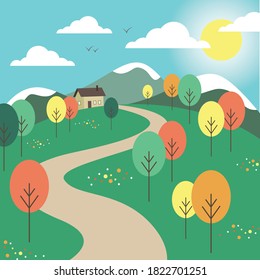 Vector illustration. Mountain, field, trees and house landscape.