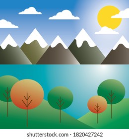 Vector illustration. Mountain, fields, clouds, lake with trees landscape.