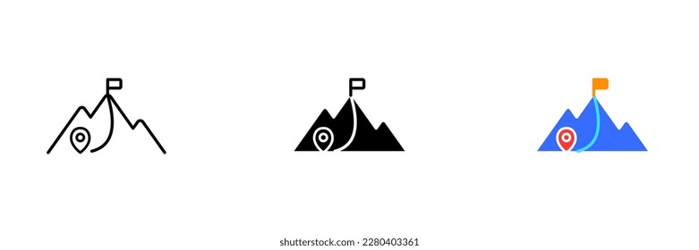 A vector illustration of a mountain with a flag on the peak, symbolizing achievement, success, and overcoming challenges. Vector set of icons in line, black and colorful styles isolated.