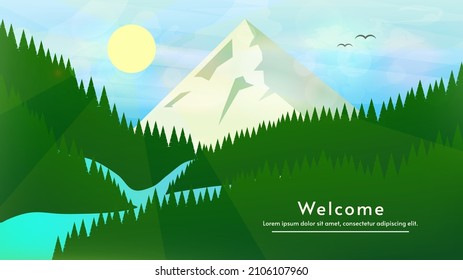 Vector illustration. Mountain and forest landscape with river. Blue sky and sun in background. Greeting banner, poster, background. 