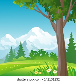 Vector illustration: mountain forest square background