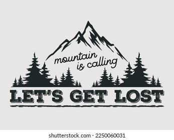 Vector Illustration of Mountain and Forest with Text in Hand Drawn Sketch Style for Adventure Logo.