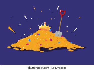 vector illustration of a mountain of gold coins and gems, a Royal crown, a gold hoard, digging gold with a shovel