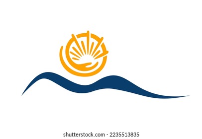 A vector illustration of Mountain and Hand Care Sun Vector Icon in isolated white background