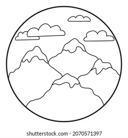 Ilustración vectorial de la montaña. Icono de contorno dibujado a mano en marco circular. Para imprimir, web, diseño, decoración, logotipo.