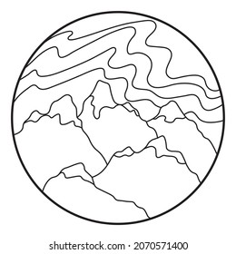 Vector illustration of mountain. Hand drawn outline icon in circle frame. For print, web, design, decor, logo.