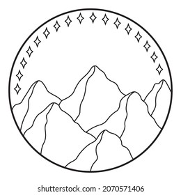 Ilustración vectorial de la montaña. Icono de contorno dibujado a mano en marco circular. Para imprimir, web, diseño, decoración, logotipo.