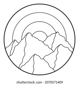 Vector illustration of mountain. Hand drawn outline icon in circle frame. For print, web, design, decor, logo.