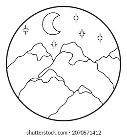 Vector illustration of mountain. Hand drawn outline icon in circle frame. For print, web, design, decor, logo.