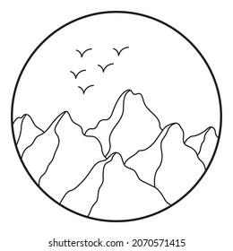 Vector illustration of mountain. Hand drawn outline icon in circle frame. For print, web, design, decor, logo.