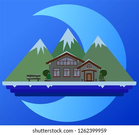 Vector illustration with mountain hrept and house. FLat design