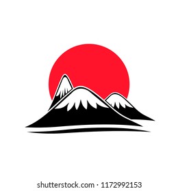 Vector illustration of a mountain icon with a rising sun