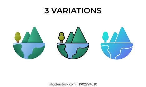 Vector illustration of mountain icon. Two mountain and tree on the globe of world. 3 variations flat, lineal color, gradient