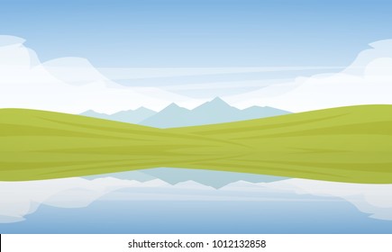 Vector illustration: Mountain Lake landscape with green fields and reflection. 
