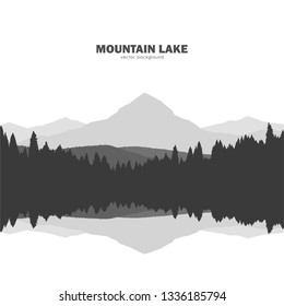 Vector illustration: Mountain Lake landscape silhouette with pine forest and reflection. 