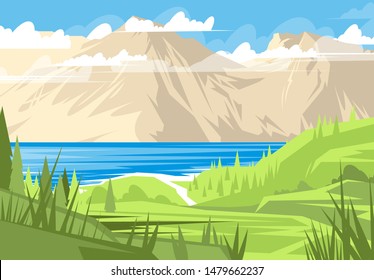 Vector illustration of mountain lake landscape on mountain range background