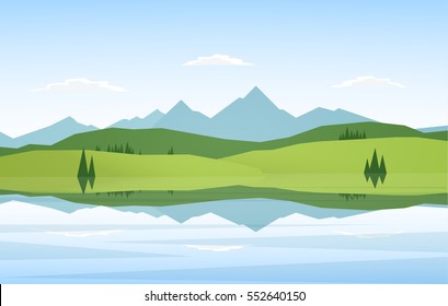 Vektorgrafik: Bergsee-Landschaft mit Kiefer und Reflexion.