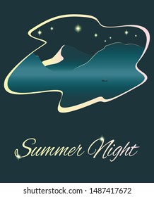 
A vector illustration of a mountain lake with a lonely fisherman at nighttime in the summer. Lit by a moonlight with brightly shining stars and a dark clear sky.